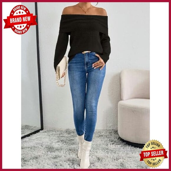 Off Shoulder Chunky Ribbed Knit Pullover Sweater Slim Fit Fall Tops - Picture 7 of 8